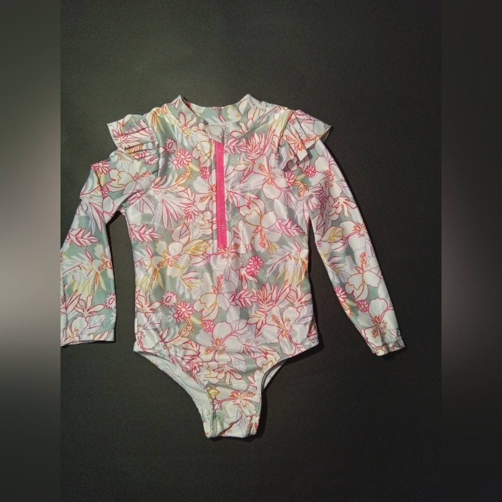 wonder nation Girls' Long-Sleeve Floral One-Piece Swimsuit 👠